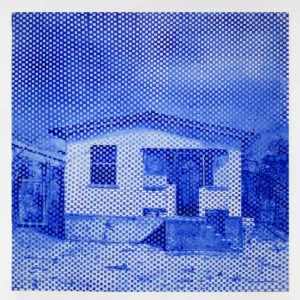 The Real Blue House, 2017, oil on 2 canvases weaved together, 16